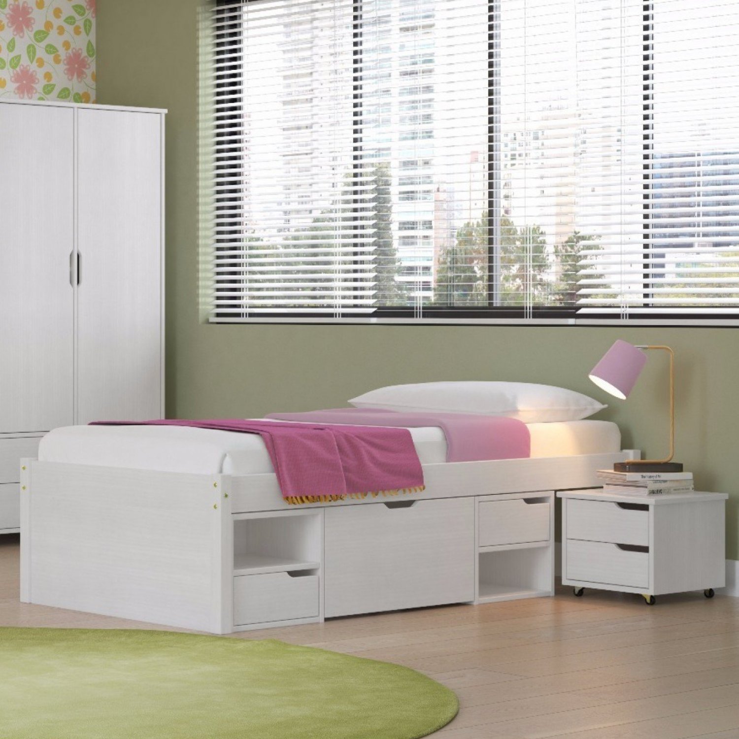 Image of Cama Solteiro com 3 Gavetas e 1 Mesa de Cabeceira Charme Inter Link Branco Lavado 